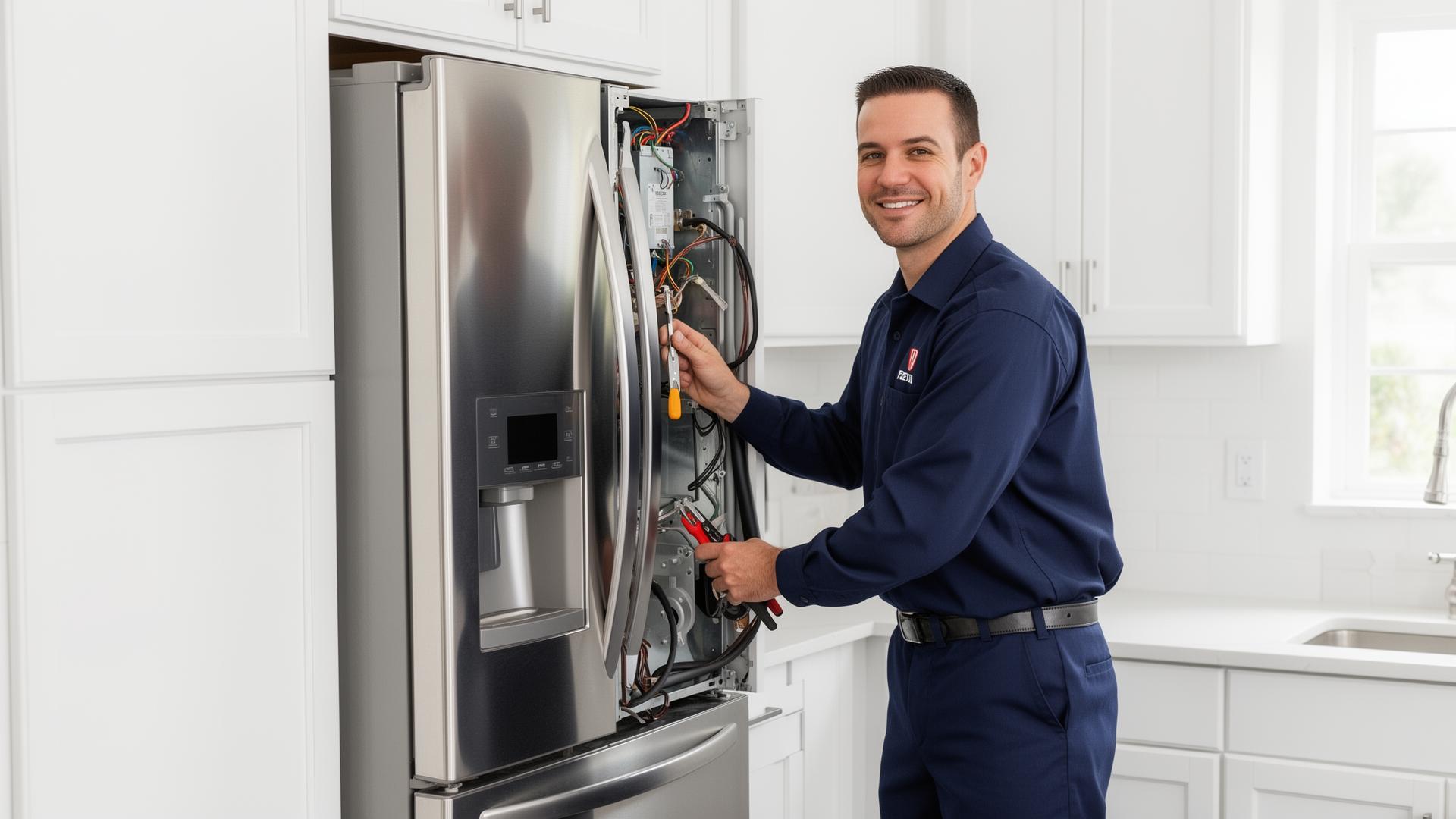 Sun Home Service technician repairing a refrigerator